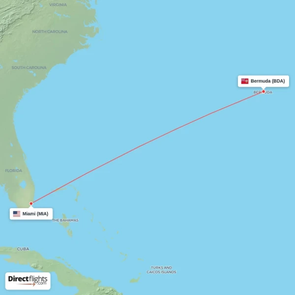 Bermuda - Miami direct flight map
