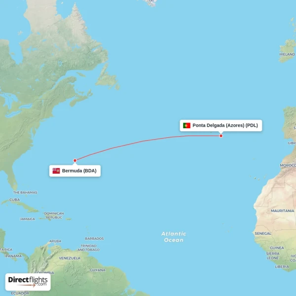 Bermuda - Ponta Delgada (Azores) direct flight map