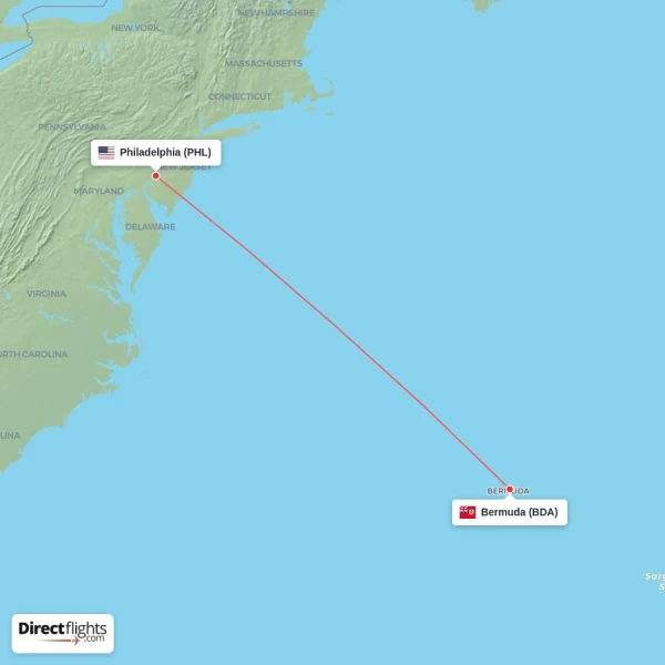 Bermuda - Philadelphia direct flight map