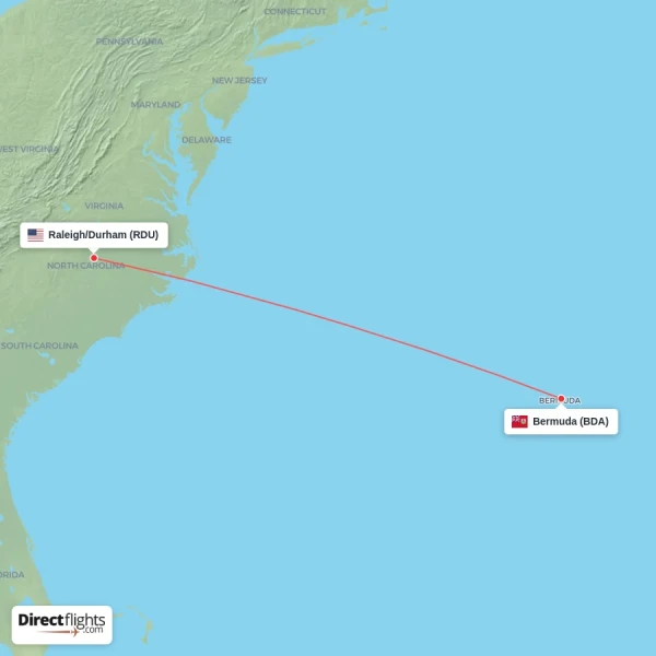 Bermuda - Raleigh/Durham direct flight map