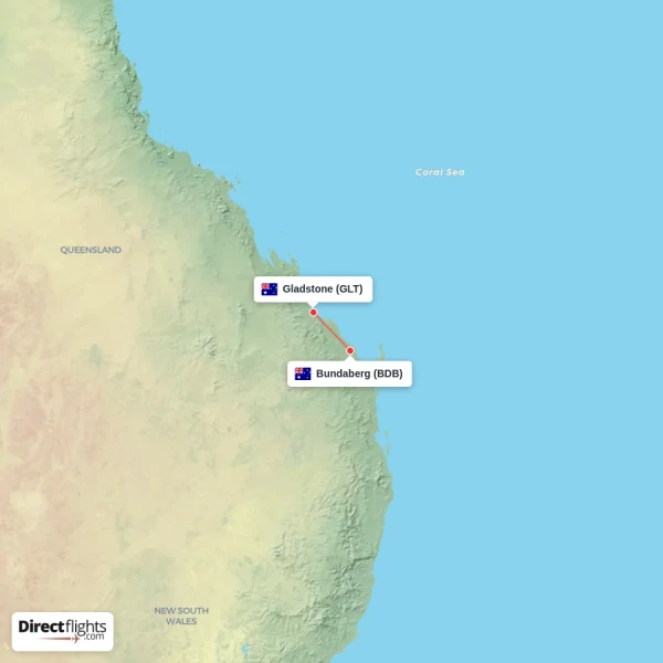 Bundaberg - Gladstone direct flight map