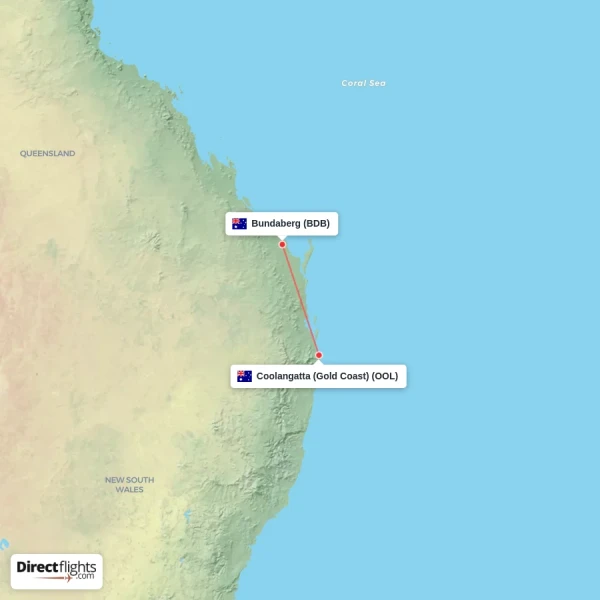 Bundaberg - Coolangatta (Gold Coast) direct flight map
