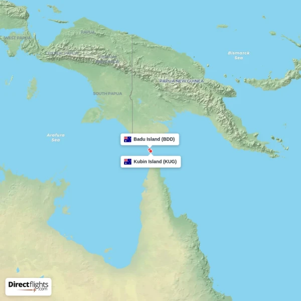 Badu Island - Kubin Island direct flight map