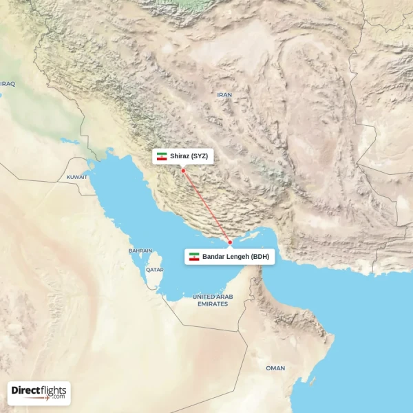 Bandar Lengeh - Shiraz direct flight map
