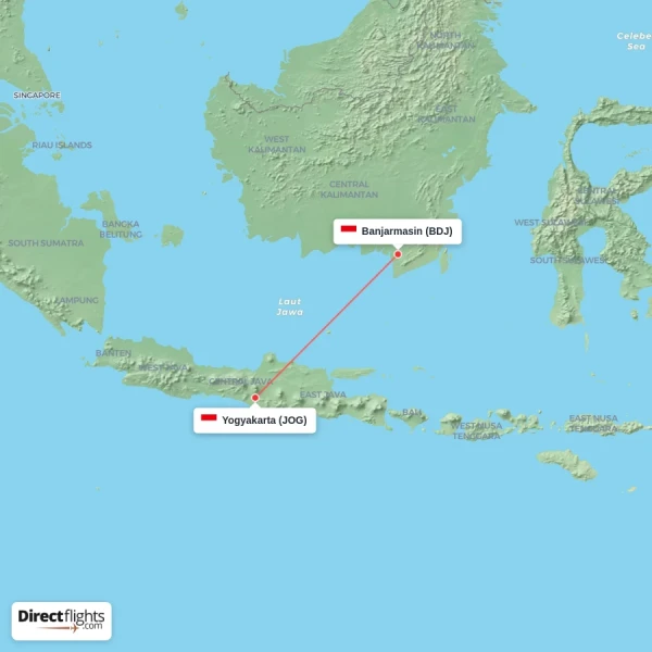 Banjarmasin - Yogyakarta direct flight map