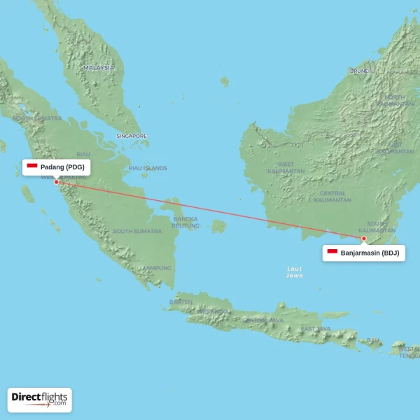 Banjarmasin - Padang direct flight map