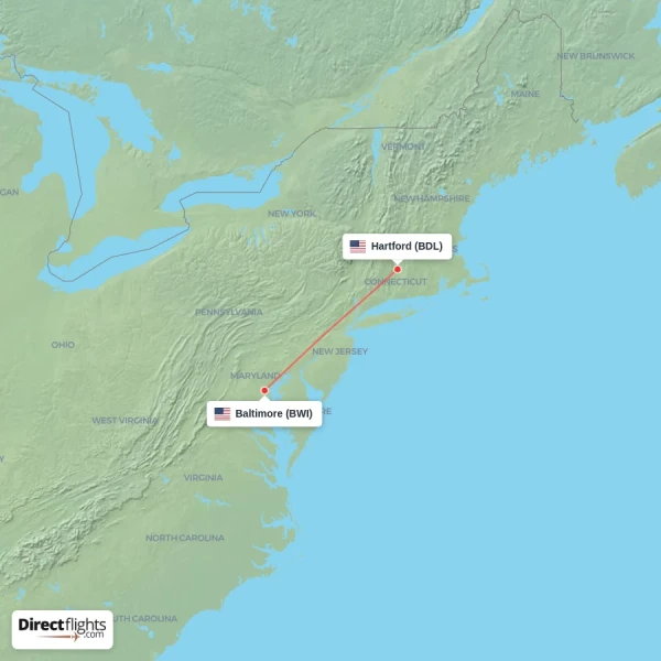 Hartford - Baltimore direct flight map