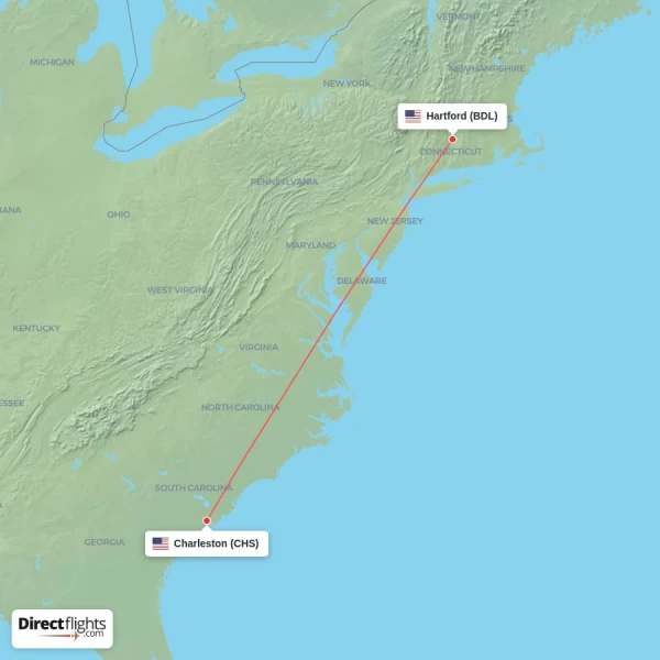 Hartford - Charleston direct flight map