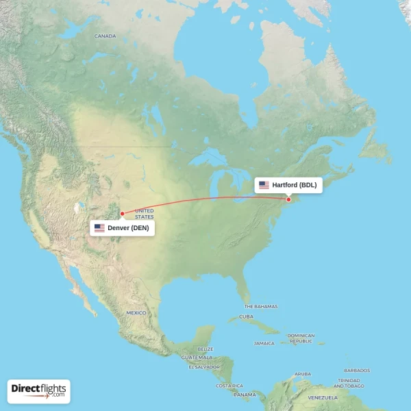 Hartford - Denver direct flight map