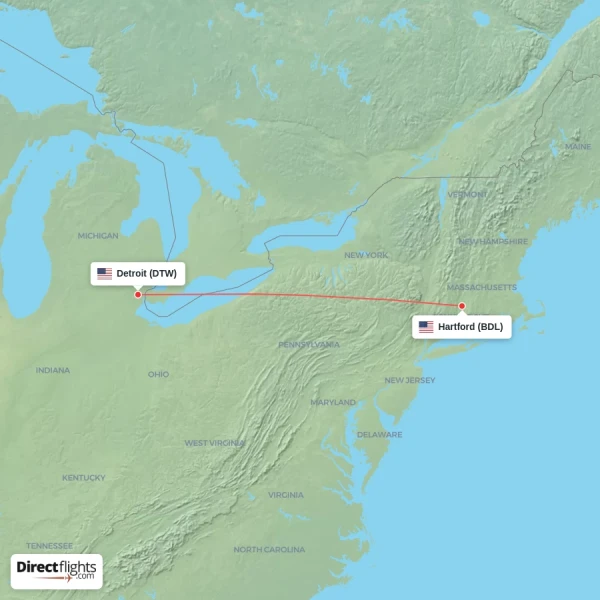 Hartford - Detroit direct flight map