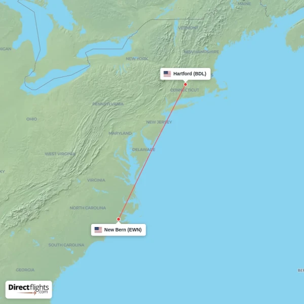 Hartford - New Bern direct flight map