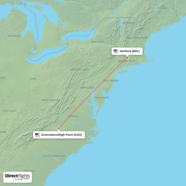 Hartford - Greensboro/High Point direct flight map