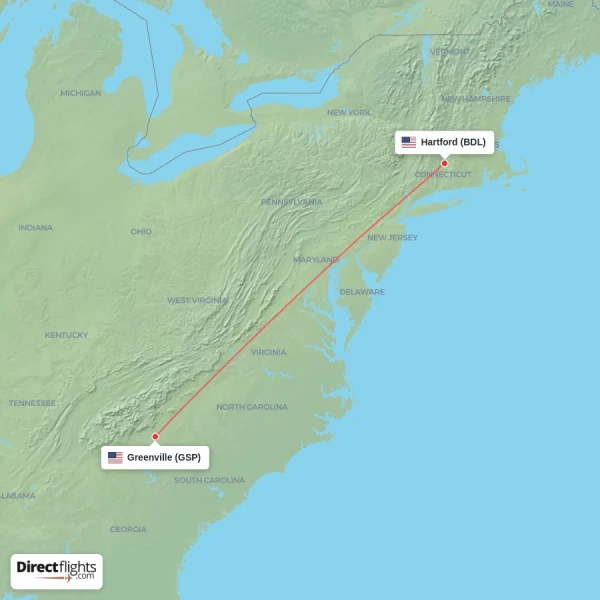 Hartford - Greenville direct flight map