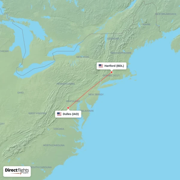 Hartford - Dulles direct flight map
