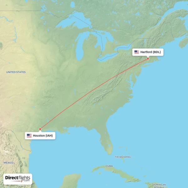 Hartford - Houston direct flight map