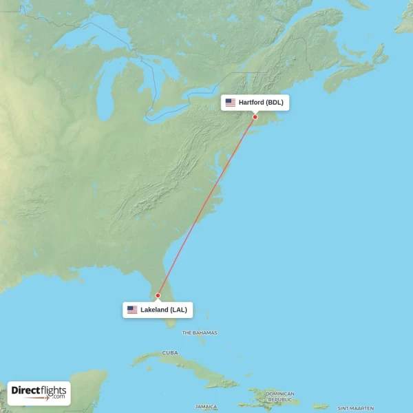 Hartford - Lakeland direct flight map