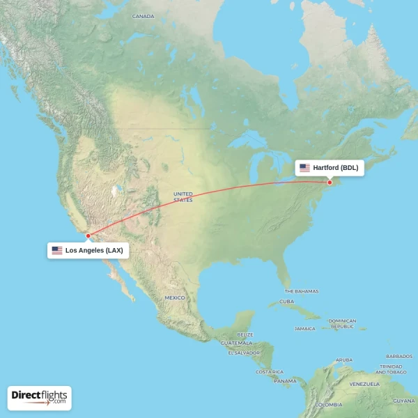 Hartford - Los Angeles direct flight map