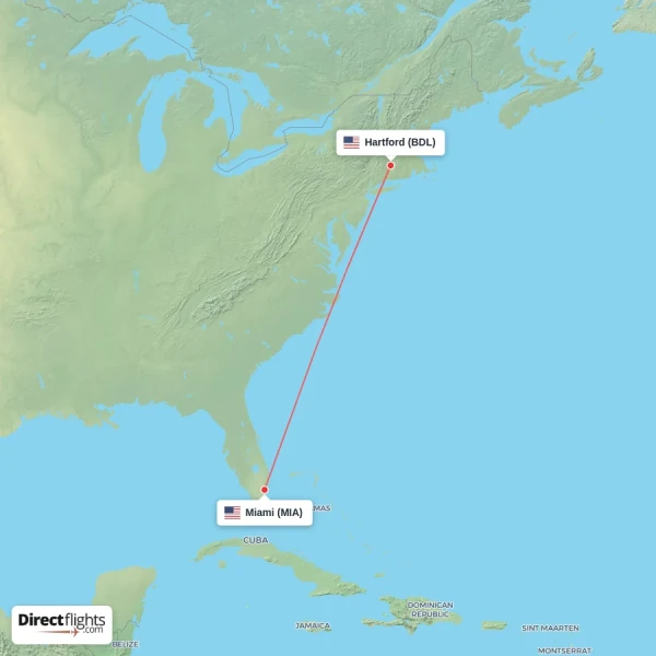 Hartford - Miami direct flight map