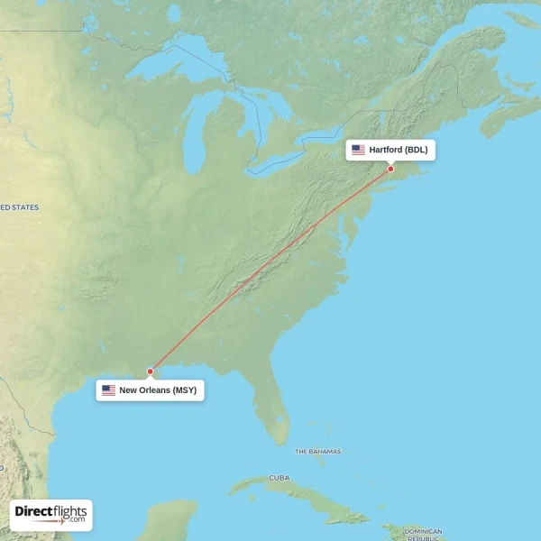 Hartford - New Orleans direct flight map