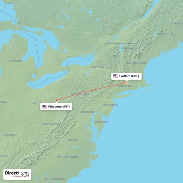 Hartford - Pittsburgh direct flight map