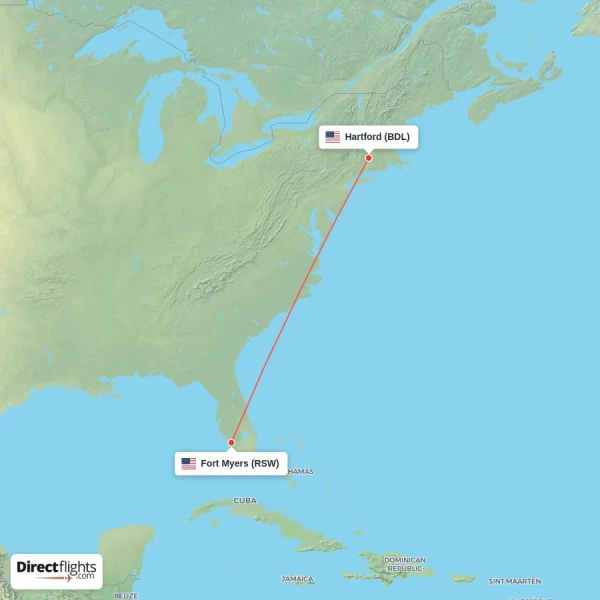 Hartford - Fort Myers direct flight map
