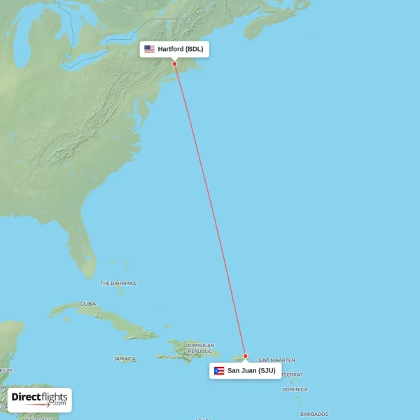 Hartford - San Juan direct flight map