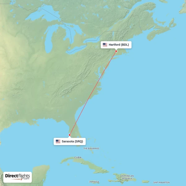 Hartford - Sarasota direct flight map