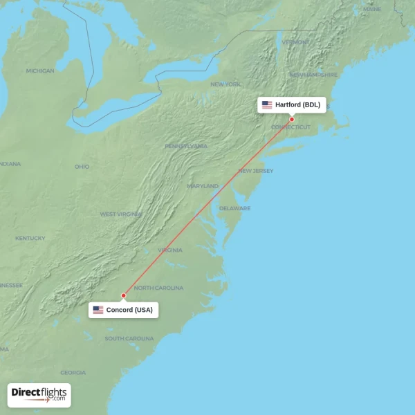 Hartford - Concord direct flight map