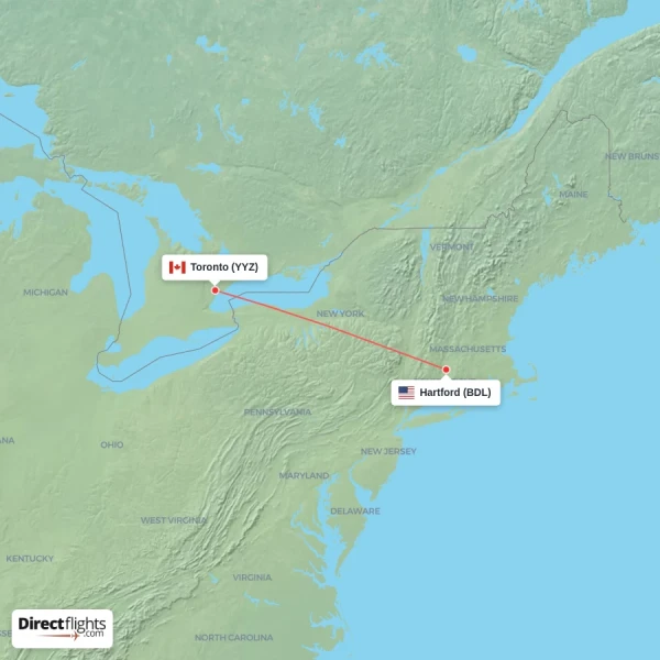 Hartford - Toronto direct flight map