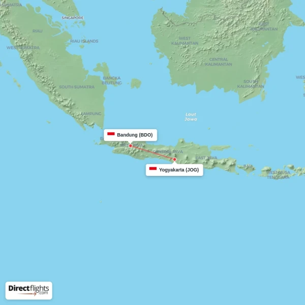Bandung - Yogyakarta direct flight map