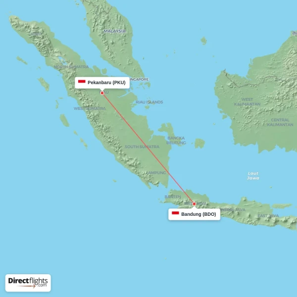 Bandung - Pekanbaru direct flight map