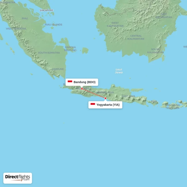 Bandung - Yogyakarta direct flight map