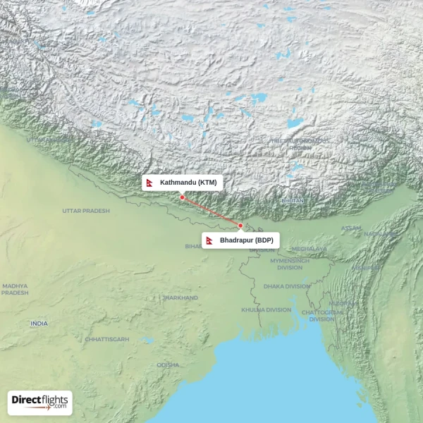 Bhadrapur - Kathmandu direct flight map