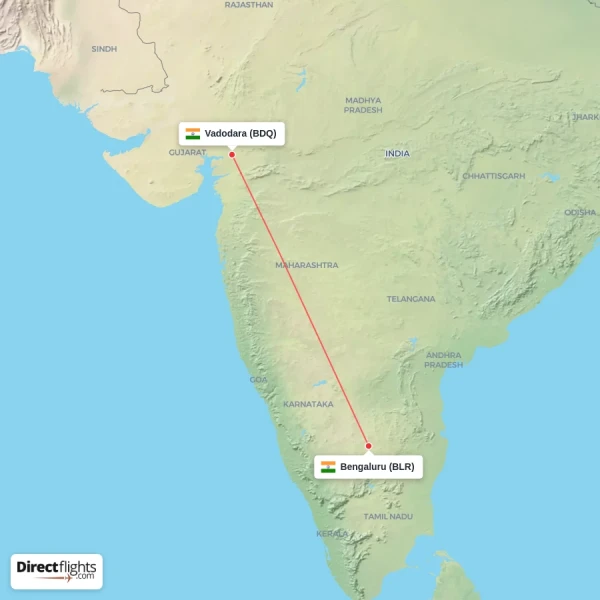 Vadodara - Bengaluru direct flight map