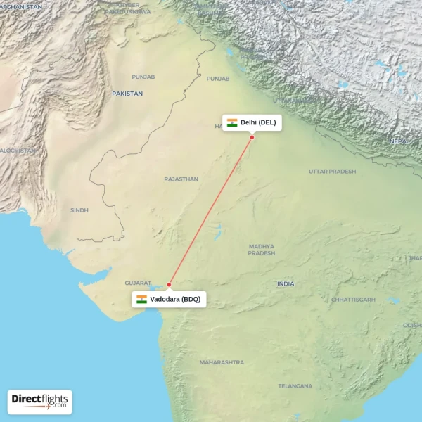 Vadodara - Delhi direct flight map