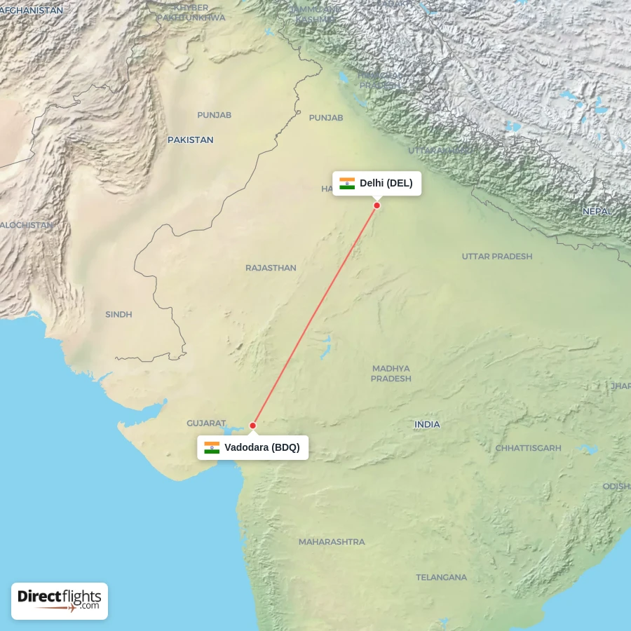 BDQ - DEL route map