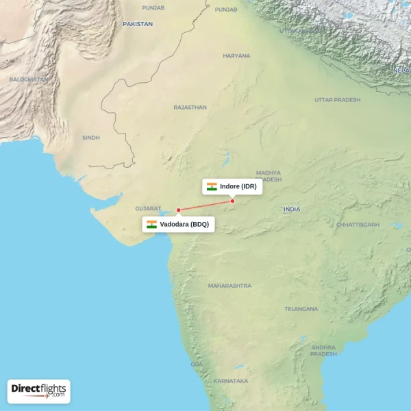 Vadodara - Indore direct flight map