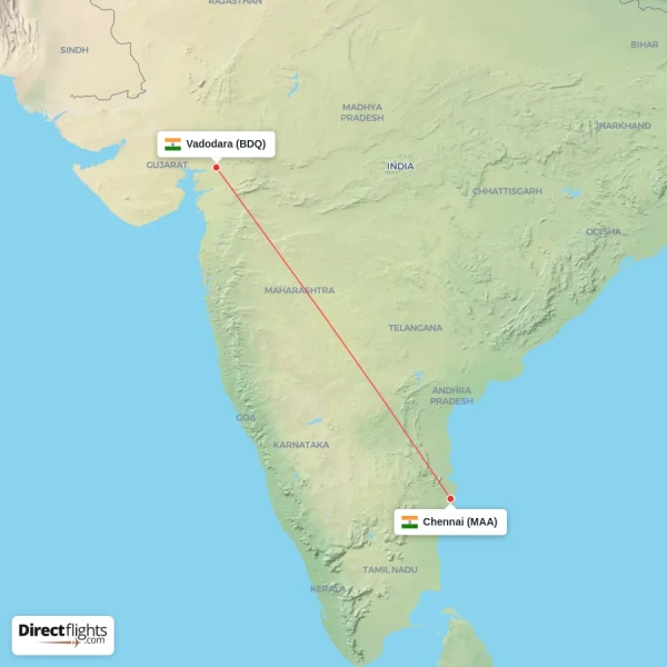 Vadodara - Chennai direct flight map