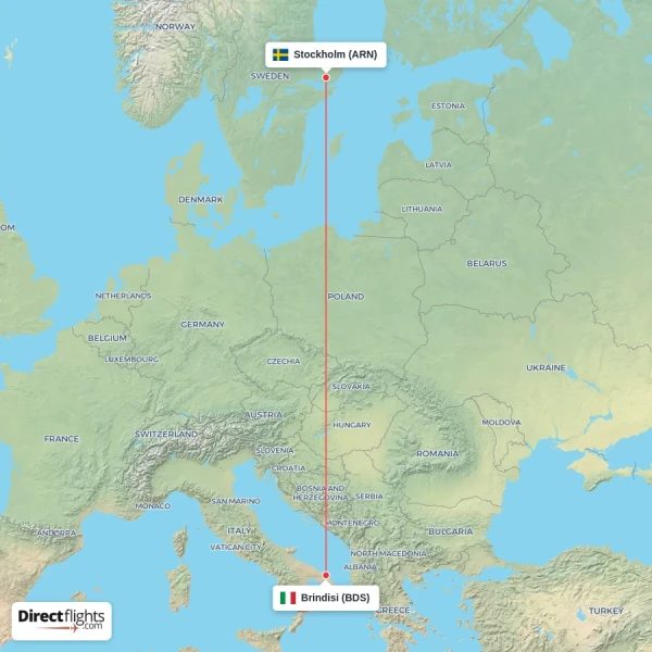 Brindisi - Stockholm direct flight map
