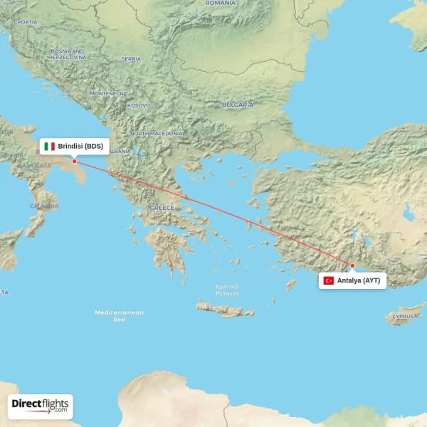 Brindisi - Antalya direct flight map