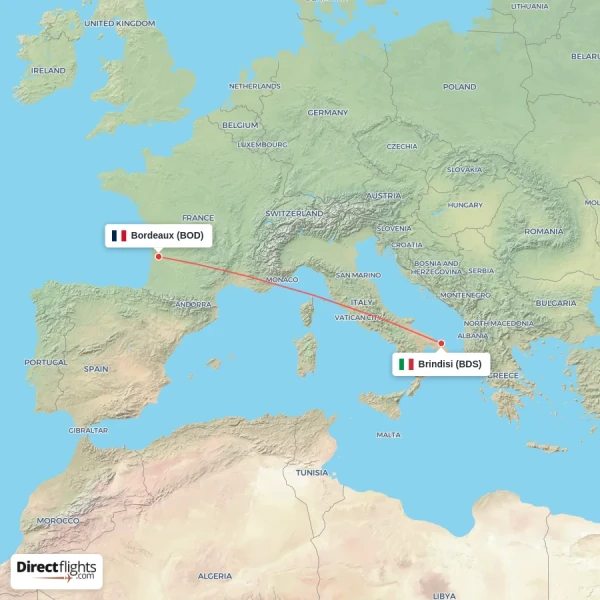 Brindisi - Bordeaux direct flight map