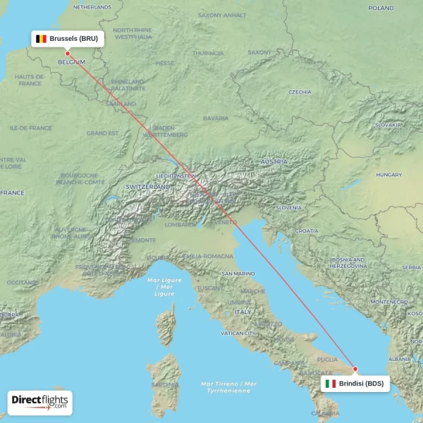 Brindisi - Brussels direct flight map