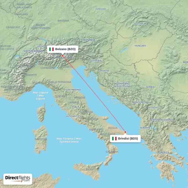 Brindisi - Bolzano direct flight map