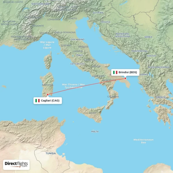 Brindisi - Cagliari direct flight map