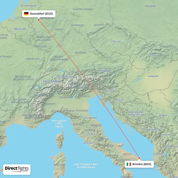 Brindisi - Dusseldorf direct flight map