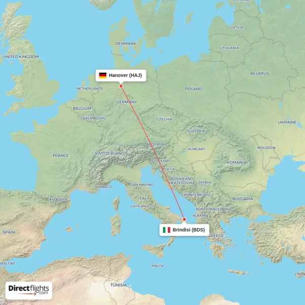 Brindisi - Hanover direct flight map