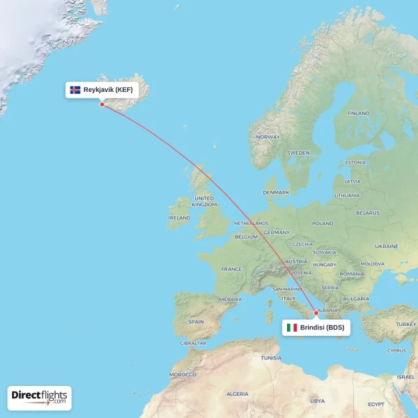 Brindisi - Reykjavik direct flight map