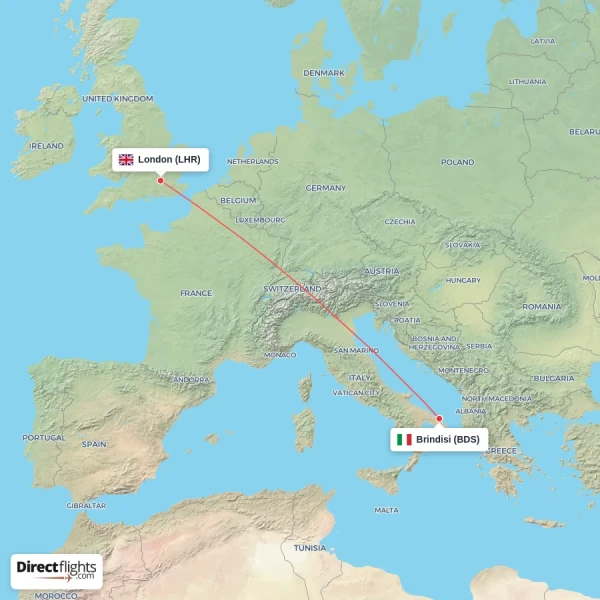 Brindisi - London direct flight map