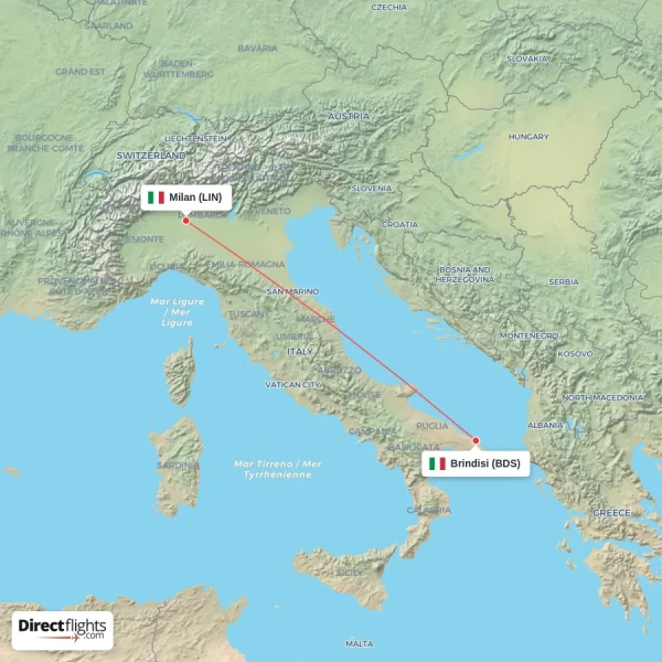 Brindisi - Milan direct flight map