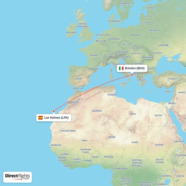 Brindisi - Las Palmas direct flight map